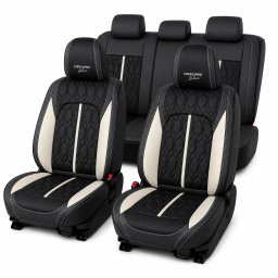 Huse auto premium 5 locuri Carguard Deluxe din piele ecologica perforata negru-alb
