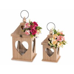 Set 2 felinare lemn decorate cu flori 20 x 20 x 45 H, 14,5 x 14,5 x 35 H