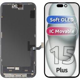 Display cu Touchscreen MP compatibil cu Apple iPhone 15 Plus, cu Rama, Versiune Soft OLED FHD IC Movable, Negru