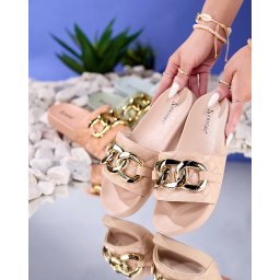 Resti Royalfashion Beige women's quilted flip-flops with gold chain Eteris