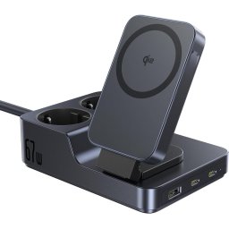Statie incarcare Baseus Nomos ND11 6 in 1, 2x AC, 1x USB-A, 2x USB-C, Qi2 Wireless, 67W, 1.5m, Negru