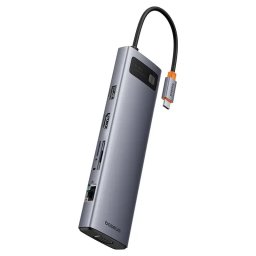Hub Baseus Metal Gleam 11-in-1 USB-C la HDMI 4K@60Hz, 1x VGA, 3x USB3.0, 1x USB2.0, 1x PD, 1x RJ45, 1x SD/TF, 1x 3.5mm, Gri
