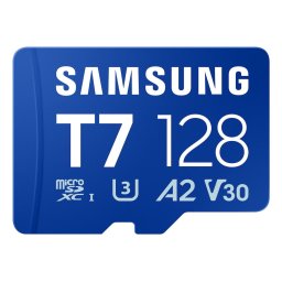 Card de memorie microSD Samsung T7 de 128 GB pentru smartphone-uri, tablete si console portabile, viteza de citire de pana la 170 MB/s, Albastru