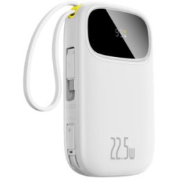 Baterie externa BASEUS Qpow3, 20000 mAh, 1x USB, 22.5 W, Display, Cablu USB-C & Lightning integrat, White