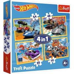 Puzzle Trefl 4 in 1 Hot Wheels cu vehicule, pentru copii 4+