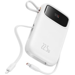 Baterie externa BASEUS Qpow2, 10000 mAh, 1x USB, 2x USB-C, 22.5 W, Display, Cablu USB-C & Lightning integrat, White