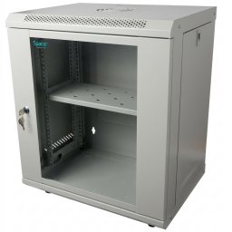 CABINET 19" SPACER 12U 500x450mm, fixare pe perete, Flatpack (dezasamblat), Grey, usa sticla cu blocare, panouri detasabile, otel 1mm, sarcina maxima 25Kg, contine un raft si roti, "SPCW-12U-450-GR-02