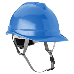 Casca industriala albastra cu chinga sub barbie si reglaj 52-64 cm