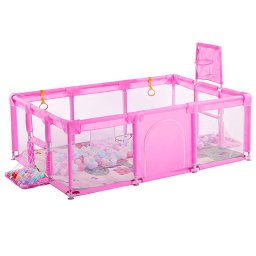 Tarc de joaca XXL pentru copii si bebe, roz, cu cos si porti, 230x122x62 cm