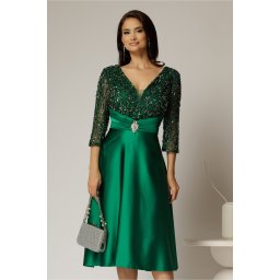 Rochie midi verde de ocazie din tafta si bustul cu paiete si dantela