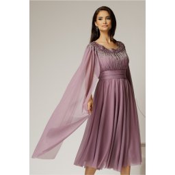 Rochie midi lila de ocazie din tul cu aplicatii la decolteu si maneci lungi