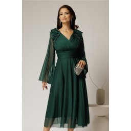 Rochie midi verde de ocazie din tull cu aplicatii la umeri si decolteu petrecut