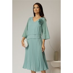 Rochie midi de ocazie verde menta cu fusta plisata si strassuri pe maneci