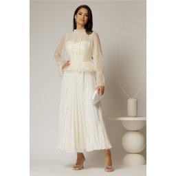 Rochie midi ivoar de seara din voal plisat cu perle si paiete