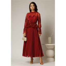 Rochie midi bordo de seara din voal plisat cu perle si paiete