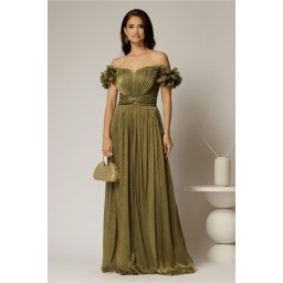 Rochie lunga de ocazie olive din voal peliculizat cu aplicatii florale 3D