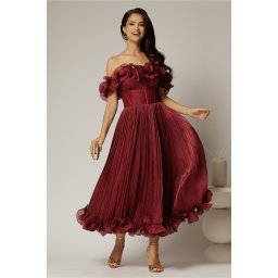 Rochie midi bordo in clos din voal satinat cu volanase la bust si la baza
