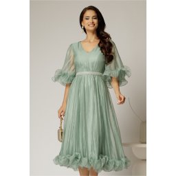 Rochie DY Fashion verde mint din voal creponat cu volanase si decolteu in V
