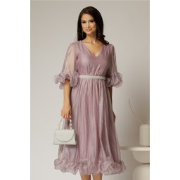 Rochie DY Fashion roz din voal creponat cu volanase si decolteu in V