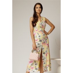 Rochie DY Fashion midi galbena cu imprimeuri din in cu nasturi pe bust fara maneci