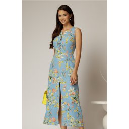 Rochie DY Fashion midi bleu cu imprimeuri din in cu nasturi pe bust fara maneci