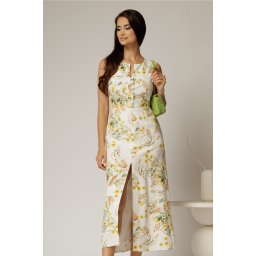 Rochie DY Fashion midi alba cu imprimeuri din in cu nasturi pe bust fara maneci