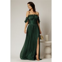 Rochie lunga verde intens de ocazie din voal peliculizat cu bust tip corset
