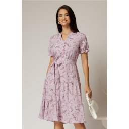 Rochie midi din viscoza lila cu imprimeuri de vara