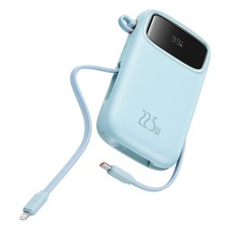 Baterie externa BASEUS Qpow2, 20000 mAh, 1x USB, 2x USB-C, 22.5 W, Display, Cablu USB-C & Lightning integrat, Blue