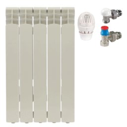 Calorifer aluminiu Ferroli Proteo HP 700 cu 5 elementi si set robineti calorifer tur-retur cu cap termostatic Giacomini R470F 1/2