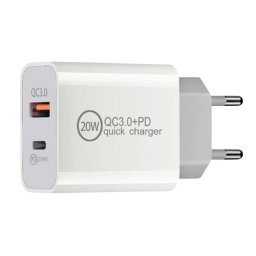 Incarcator de retea Lemontti Incarcator Retea PD Type-C + USB Quick Charge 20W Alb (output USB + Type-C 3.4A max, QC3.0)
