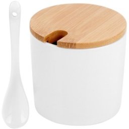 Bol pentru Zahar, Alb, Forma Cilindrica, din Ceramica si Bambus, 250 ml, Vilde