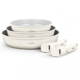 Set de tigai Swiss Haus SH-GCFP5C, 5 piese, Acoperire ceramica Sapphire, Manere detasabile, Inductie, Crem lucios