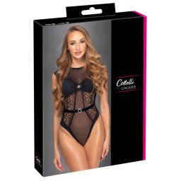 Body Tanga cu Dantelă, Stras și Spate Decupat - Negru , L/XL