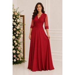 Rochie lunga de seara din voal si dantela, culoare marsala (Marime: 54, Culoare: MARSALA)