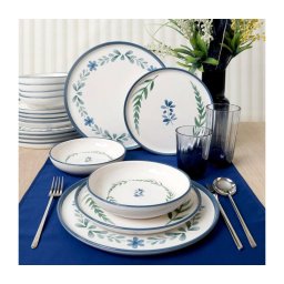 Set de cină, 18 piese, din ceramică — alb/albastru/verde