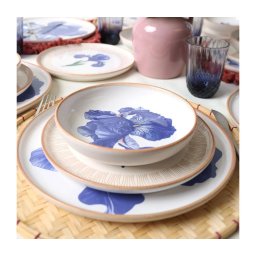 Set de veselă, 18 piese, din ceramică, alb/albastru/bej