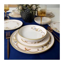Set de masă, 18 piese, crem/auriu, din ceramică