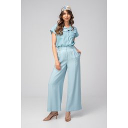 Pantaloni Meda Aqua palazzo din modal, cu talie înaltă