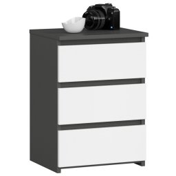 Noptiera moderna cu 3 sertare, PAL laminat 16 mm, gri grafit si alb, 40x35x57 cm