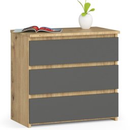 Noptiera cu 3 sertare, PAL laminat 16 mm, stejar artisan si gri, 60x35x57 cm