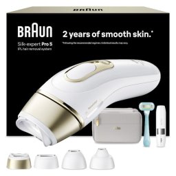 Epilator IPL Braun Silk-expert PRO 5 Pl5412 Senzor automat & continuu Skin pro 2.0, 400.000 impulsuri, 10 niveluri de intensitate, 125 de impulsuri pe minut, 4 Capete de epilat, Trusa de voiaj, Aparat de ras Venus, Alb/Auriu