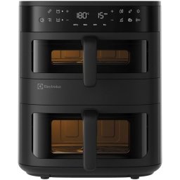 Friteuza dubla cu aer cald Electrolux Airfryer Seria 800 EAFD11B, 2700 W, 4 moduri de gatire, 2 cosuri de gatit ilumninate, cu fereastra transparenta dubla si lumina, capacitate 11L, afisaj digital, ecran tactil, tehnologie Meal Syncing, Negru