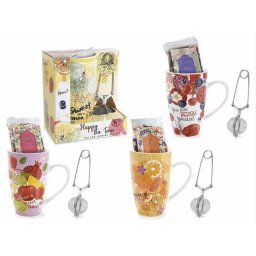 Set 4 cani portelan multicolor, 4 infuzoare otel ceai, 4 pliculete ceai in cutie cadou II Ø 8,5 cm x 13,5 H, 13,5 H, 450 ml