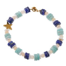 Bratara Lapis lazuli si Amazonit rondele 8mm, Opal alb patratele 6mm, Piatra lunii sfere 4mm si Hematit auriu