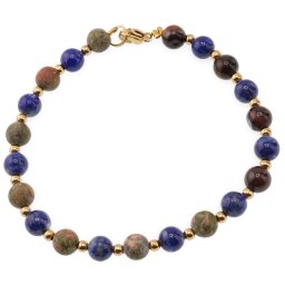 Bratara Lapis lazuli, Ochi de taur si Unakit mat sfere 6mm cu inox auriu