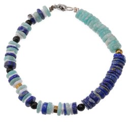 Bratara Amazonit si Lapis lazuli rondele 7mm, Opal alb patratele 5mm, Turmalina neagra sfere 4mm si Hematit auriu