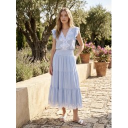 RG7055 Fustă midi light blue cu Volane și Tiv Brodat