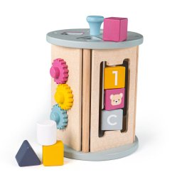 Cilindru educativ din lemn cu activitati pastel pentru copii 18 luni+