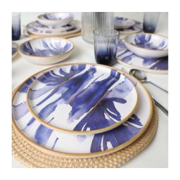 Set de masă 18 piese, alb/albastru, ceramică